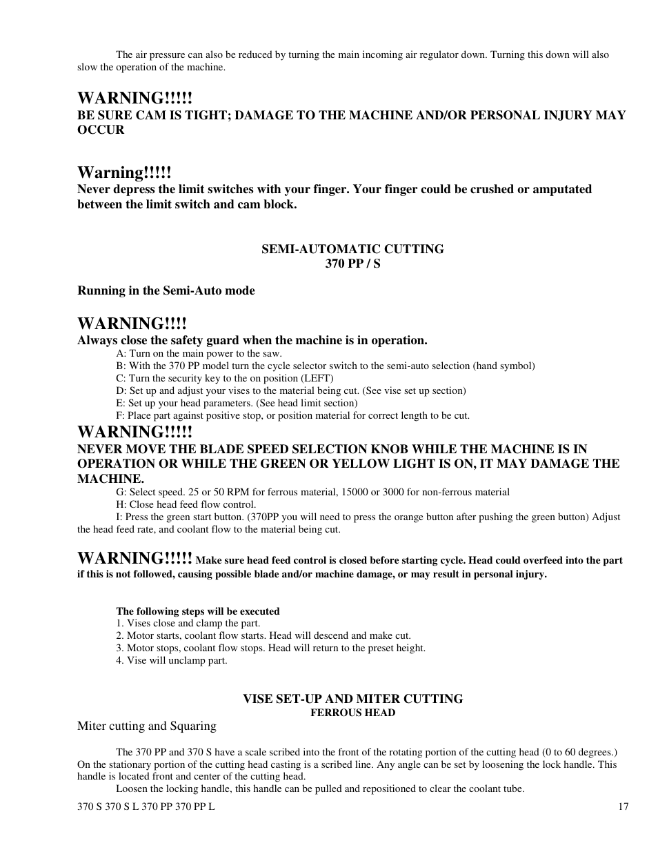 Warning | Dake Euromatic Series User Manual | Page 17 / 36