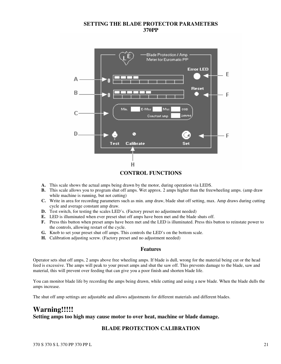 Warning | Dake Euromatic Series User Manual | Page 21 / 36