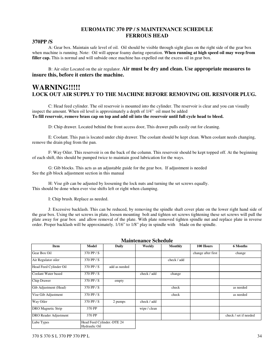 Warning, Maintenance schedule | Dake Euromatic Series User Manual | Page 34 / 36