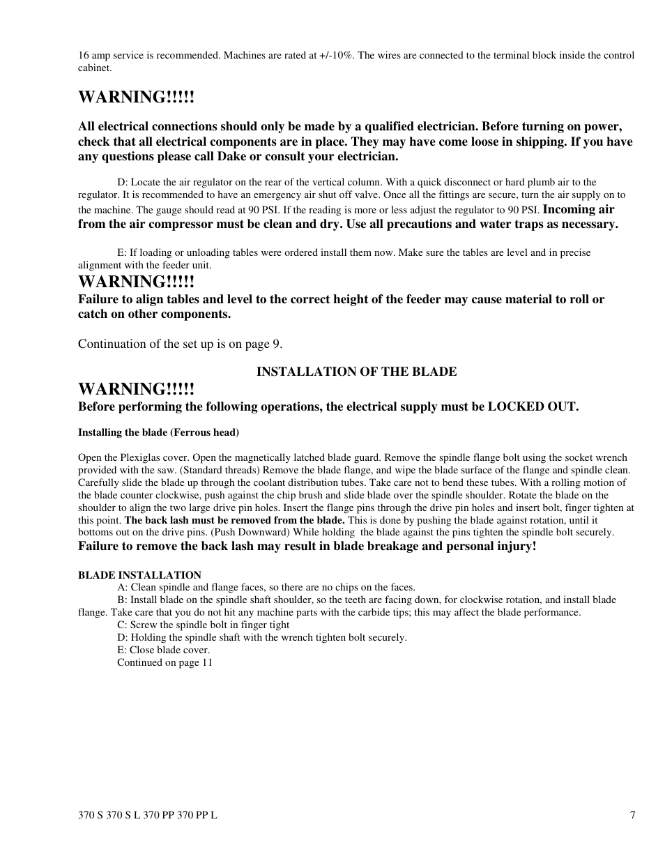 Warning | Dake Euromatic Series User Manual | Page 7 / 36