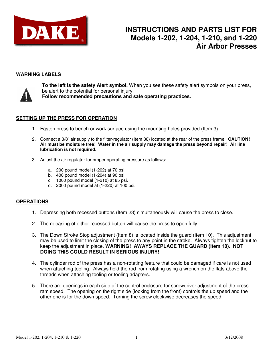 Dake Model Air Arbor Press User Manual | 6 pages