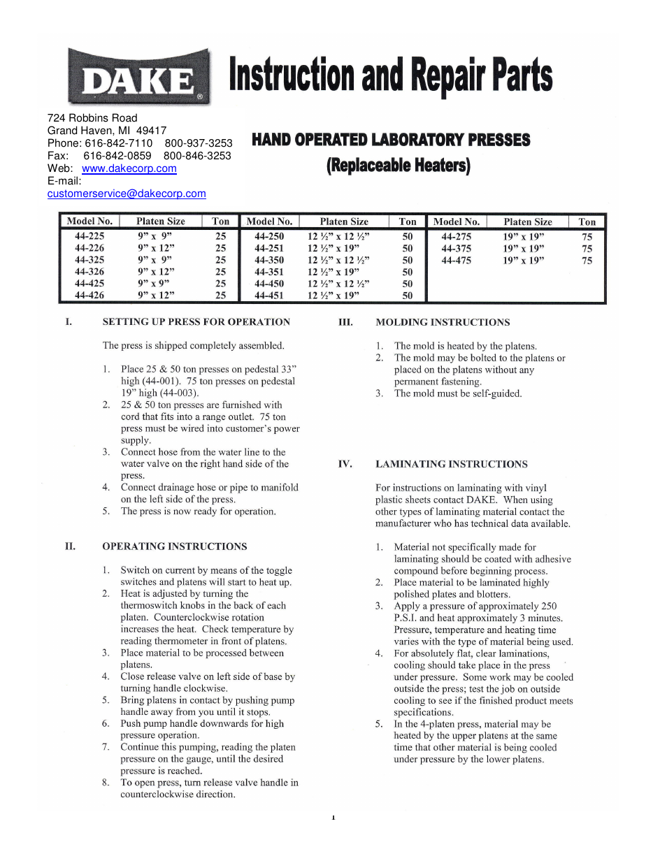 Dake Model 44 Series User Manual | 7 pages