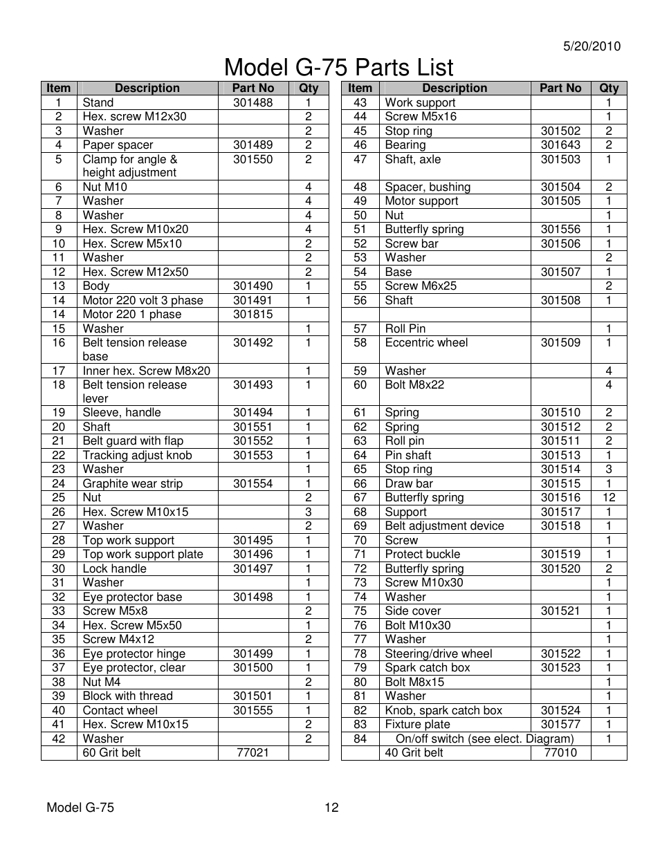 Model g-75 parts list | Dake Model G-75 User Manual | Page 12 / 14