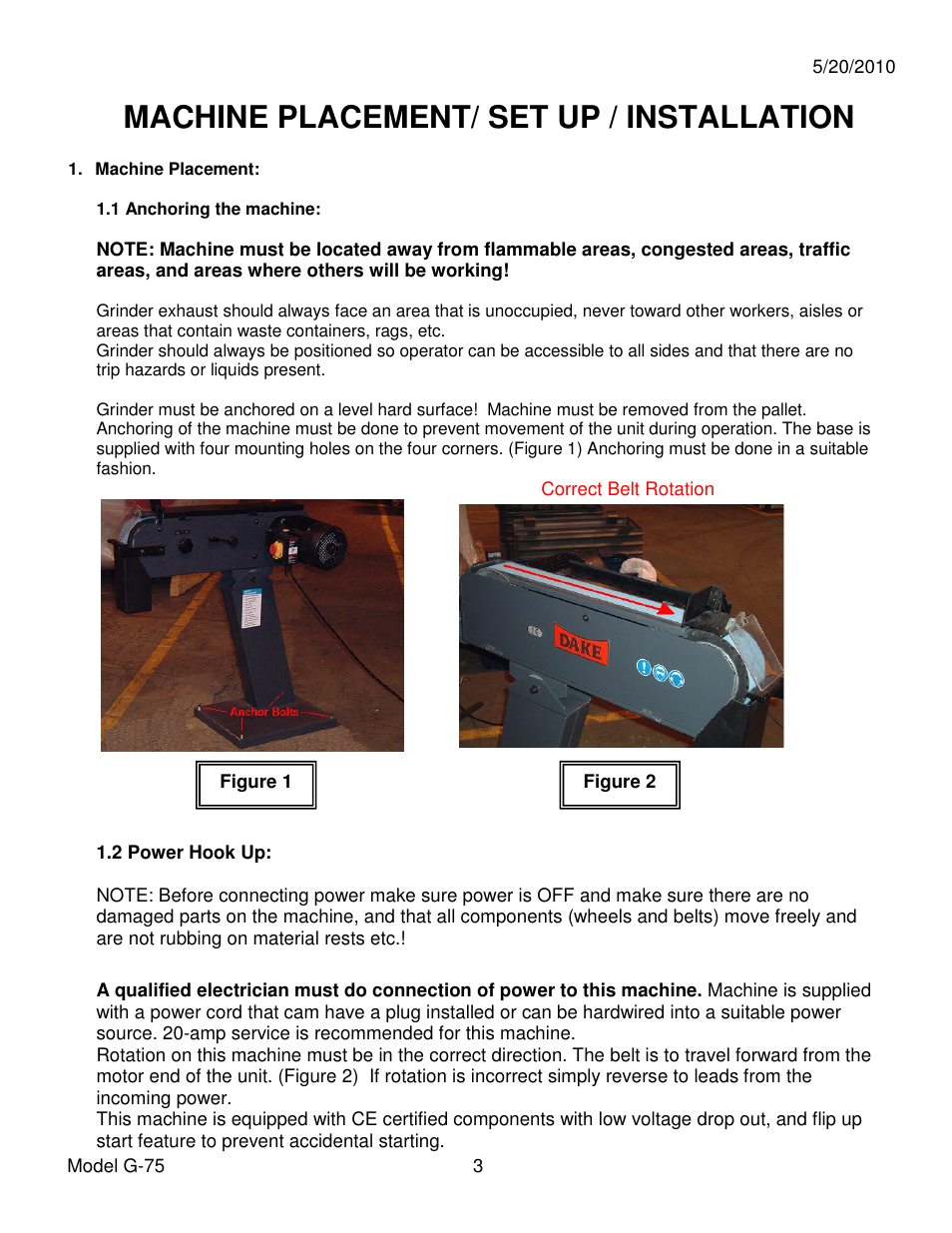 Machine placement/ set up / installation | Dake Model G-75 User Manual | Page 3 / 14