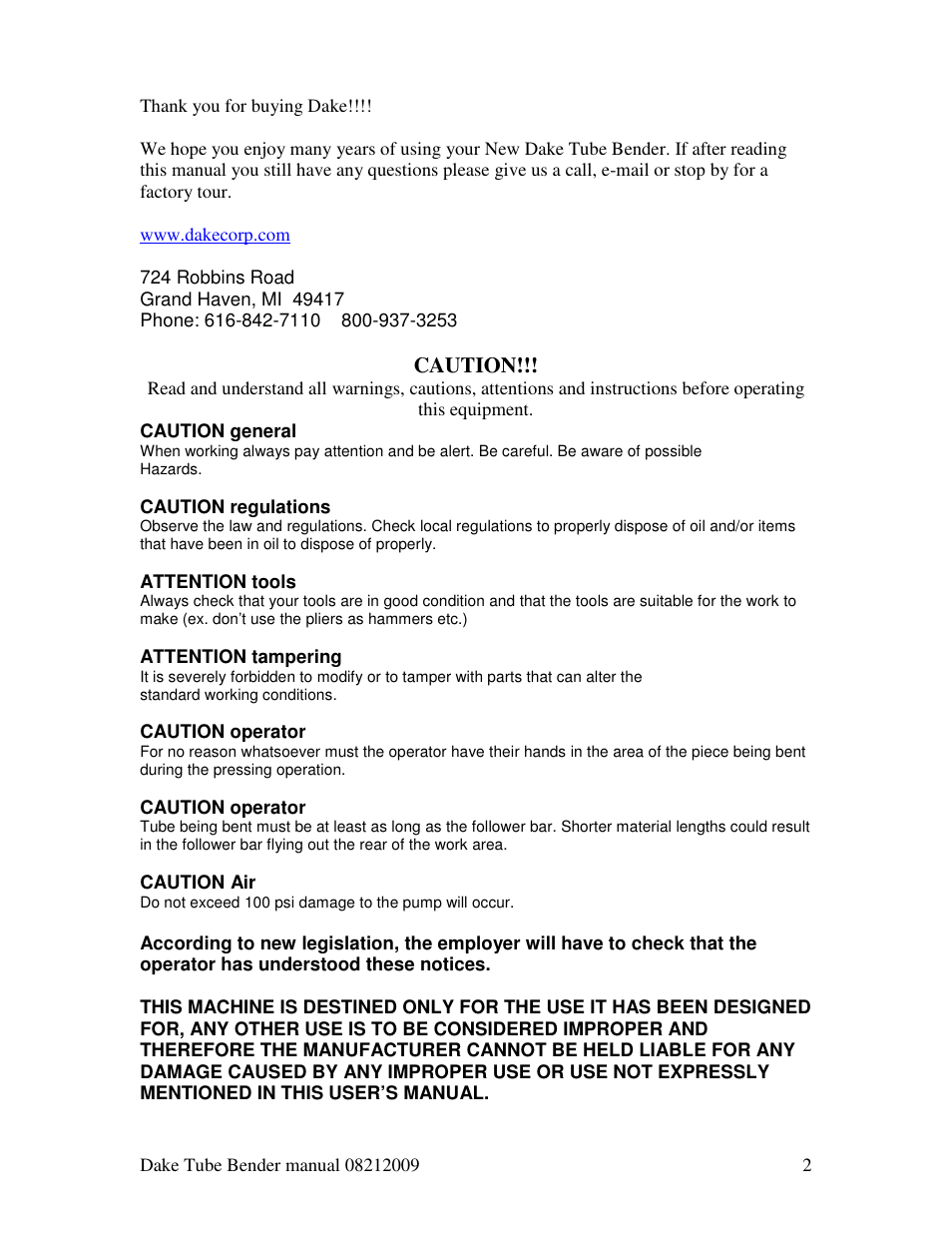 Caution | Dake Model HV 200 - Hydraulic User Manual | Page 2 / 7