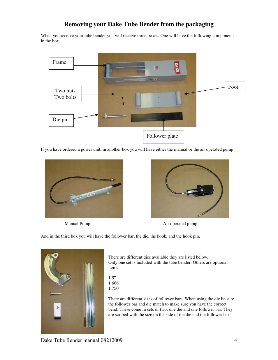 Removing your dake tube bender from the packaging | Dake Model HV 200 - Hydraulic User Manual | Page 4 / 7