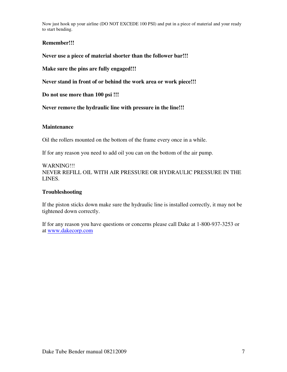 Dake Model HV 200 - Hydraulic User Manual | Page 7 / 7