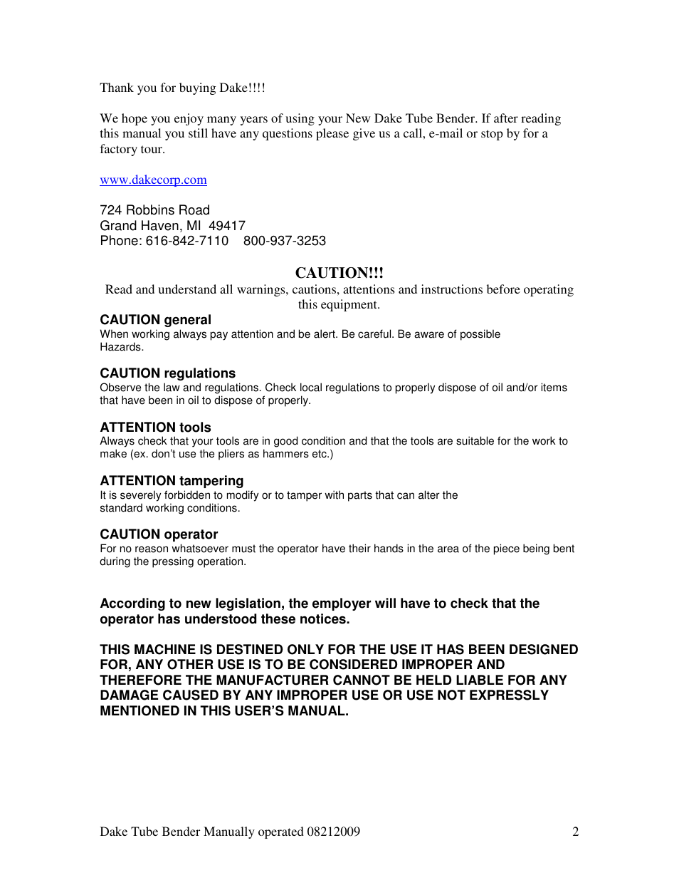 Caution | Dake Model MB100 User Manual | Page 2 / 4