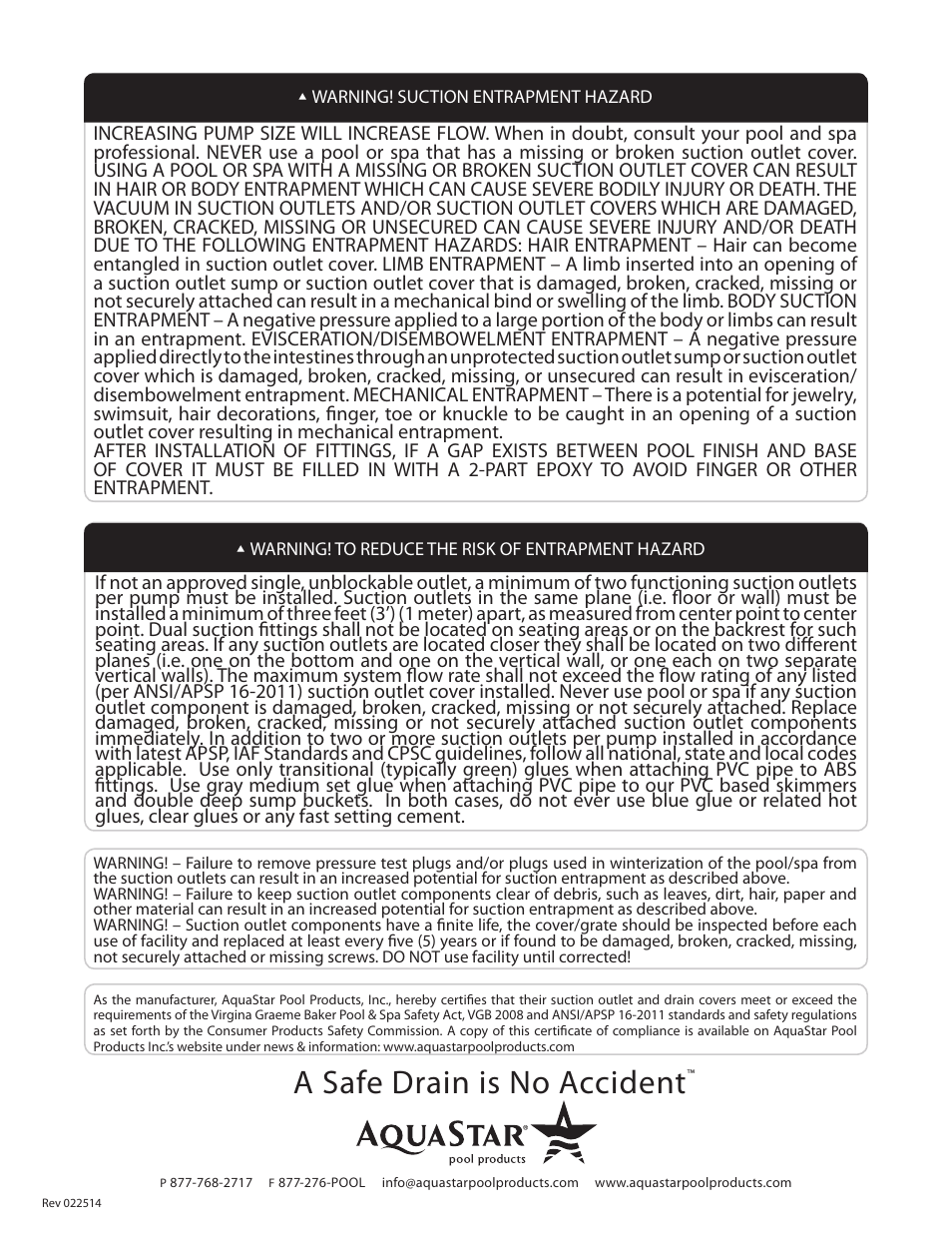 A safe drain is no accident | AquaStar 24" Square Frame with Four 12Square Flat Grate Anti-Entrapment Suction Outlet Covers" User Manual | Page 3 / 4