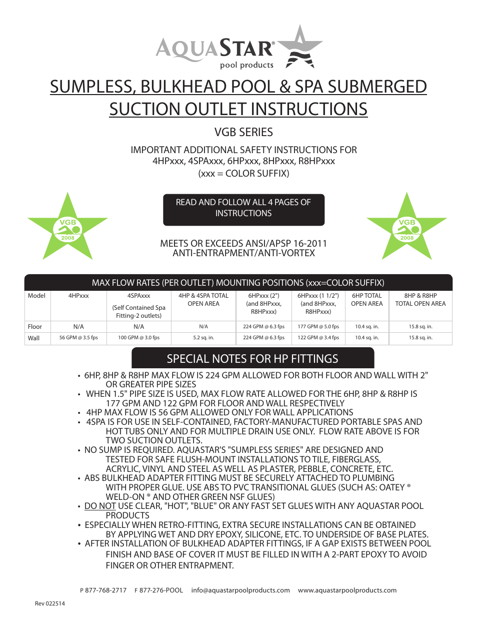 Vgb series | AquaStar 24" Square Frame with Four 12Square Flat Grate Anti-Entrapment Suction Outlet Covers" User Manual | Page 4 / 4