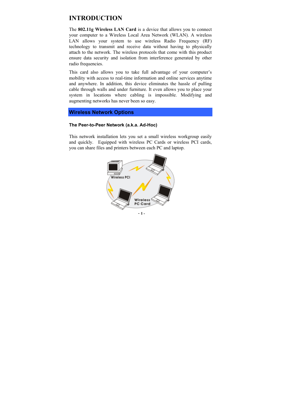 Introduction, Wireless network options, The peer-to-peer network (a.k.a. ad-hoc) | Ireless, Etwork, Ptions | Airlink101 AWLH3025 User Manual | Page 5 / 33