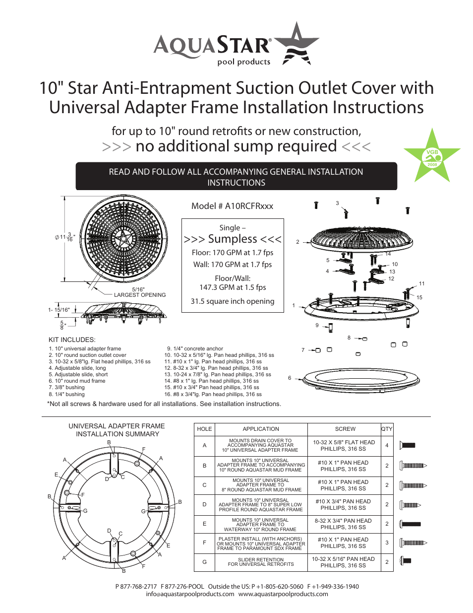 AquaStar 10" Round Star Sumpless Suction Outlet Cover, Universal Adapter Kit and Mud Frame User Manual | 2 pages