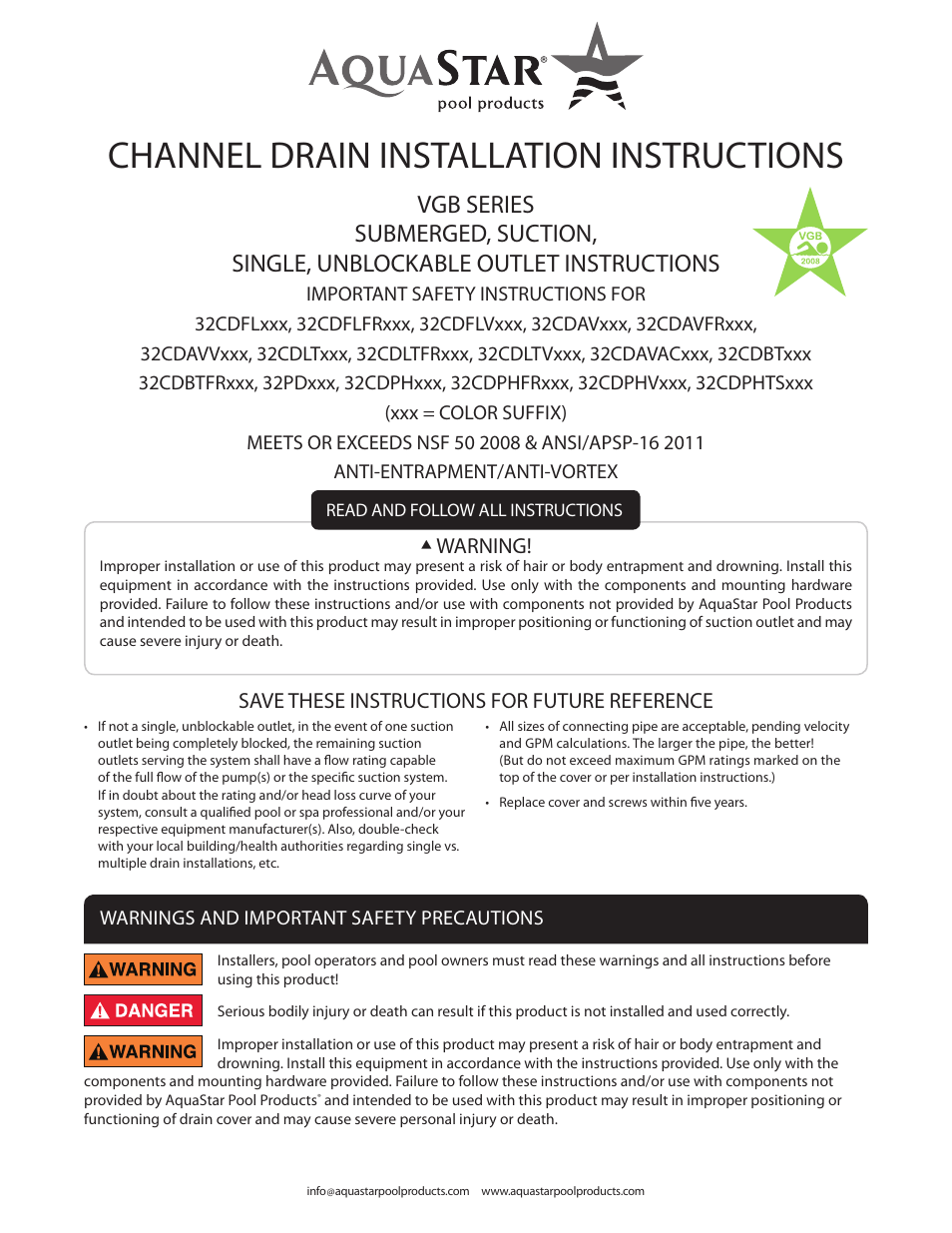 AquaStar 32" Channel Drain Pinhole Anti-Entrapment Suction Outlet Cover and Three-Port Manufactured Sump for Vinyl/Fiberglass User Manual | 20 pages