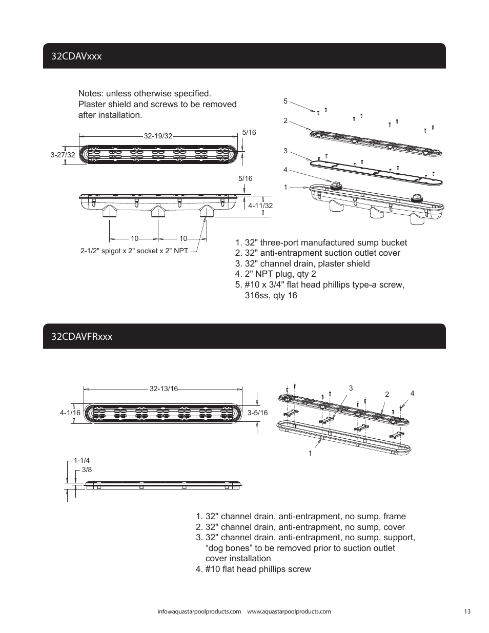 32cdavxxx, 32cdavfrxxx | AquaStar 32" Channel Drain Pinhole Anti-Entrapment Suction Outlet Cover and Three-Port Manufactured Sump for Vinyl/Fiberglass User Manual | Page 13 / 20