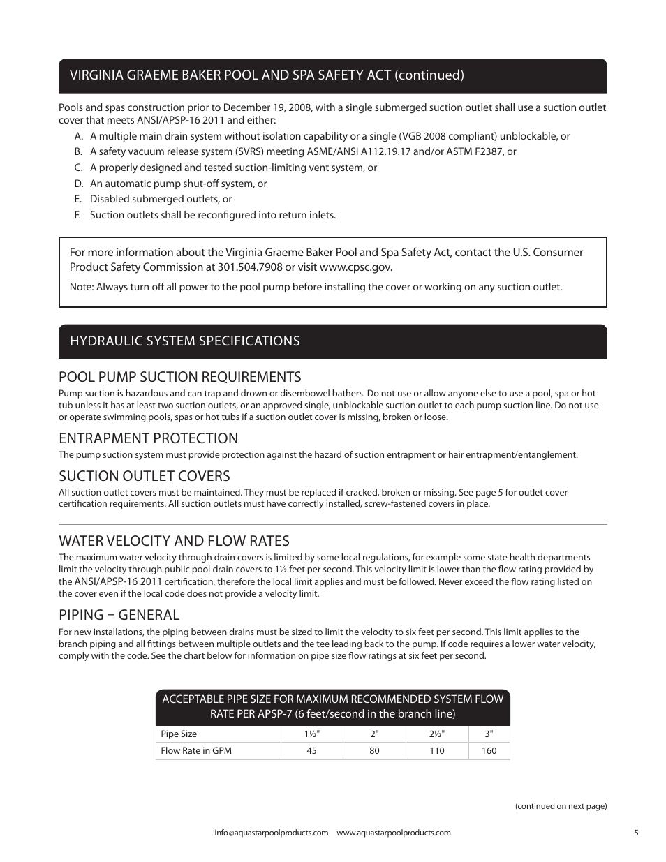 Pool pump suction requirements, Entrapment protection, Suction outlet covers | Water velocity and flow rates, Piping – general, Hydraulic system specifications | AquaStar 32" Channel Drain Pinhole Anti-Entrapment Suction Outlet Cover and Three-Port Manufactured Sump for Vinyl/Fiberglass User Manual | Page 5 / 20