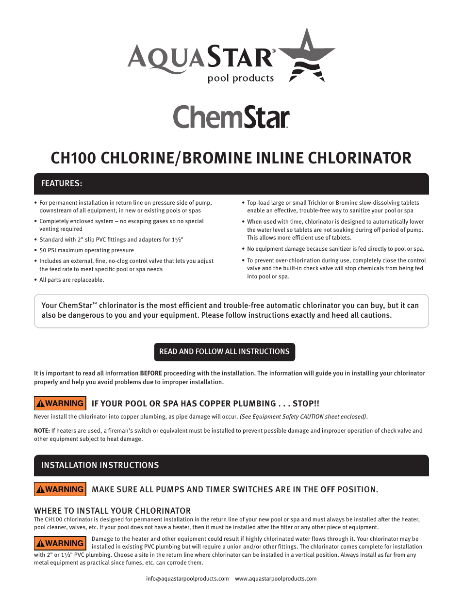 AquaStar ChemStar On-line Chlorinator User Manual | 4 pages