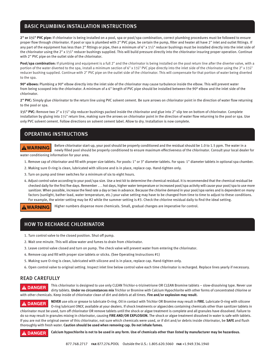 Operating instructions, Read carefully | AquaStar ChemStar On-line Chlorinator User Manual | Page 2 / 4