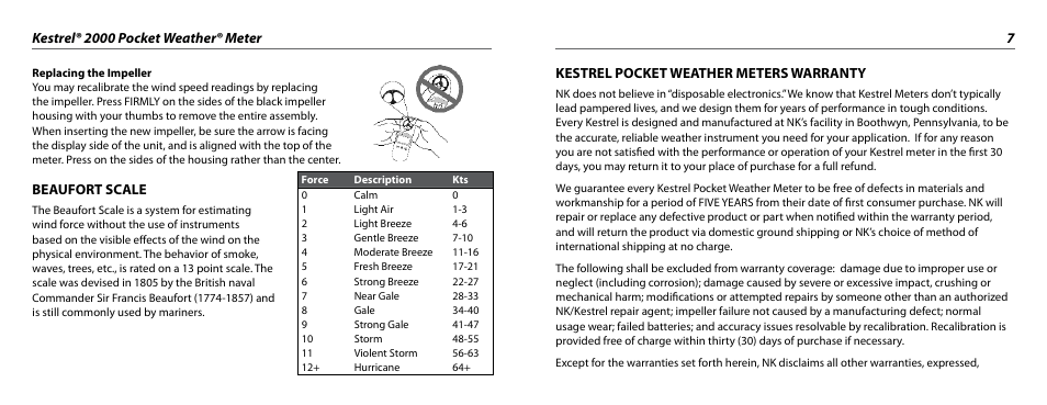 Beaufort scale, Kestrel pocket weather meters warranty | Kestrel 2000 User Manual | Page 4 / 7