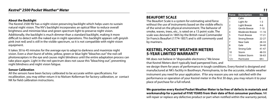 Beaufort scale | Kestrel 2500 User Manual | Page 6 / 9