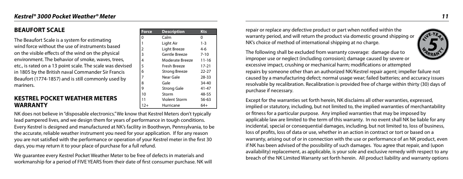 Kestrel pocket weather meters warranty | Kestrel 3000 User Manual | Page 6 / 9