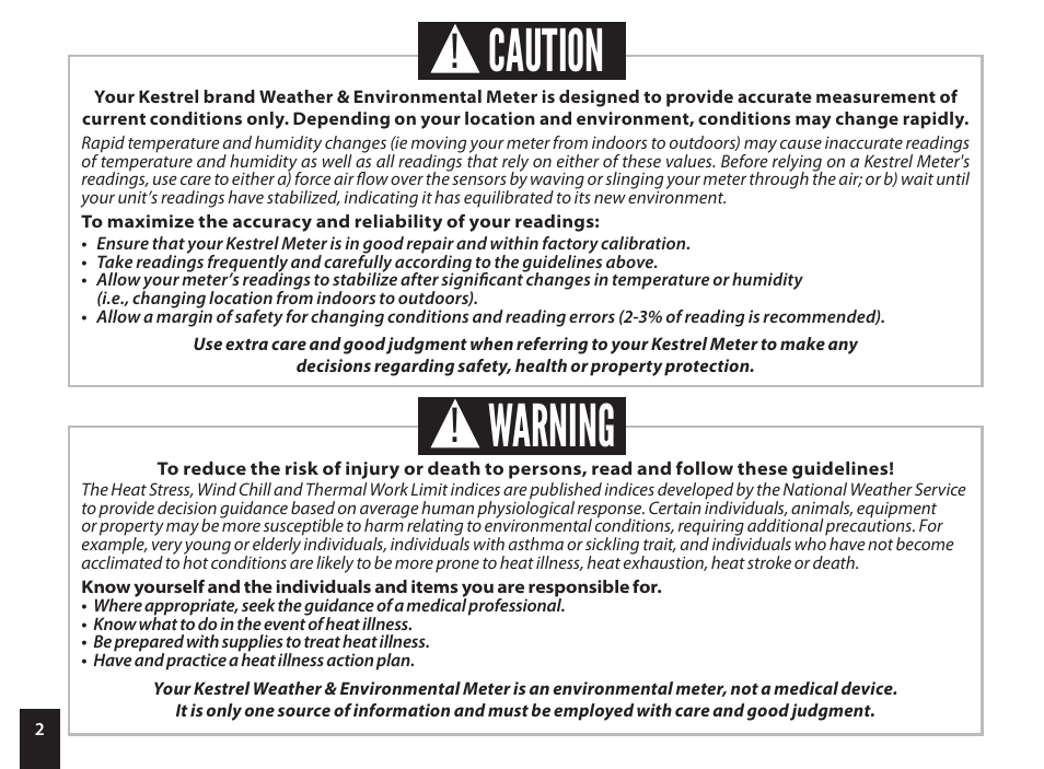 Caution, Warning | Kestrel 4000 User Manual | Page 2 / 24