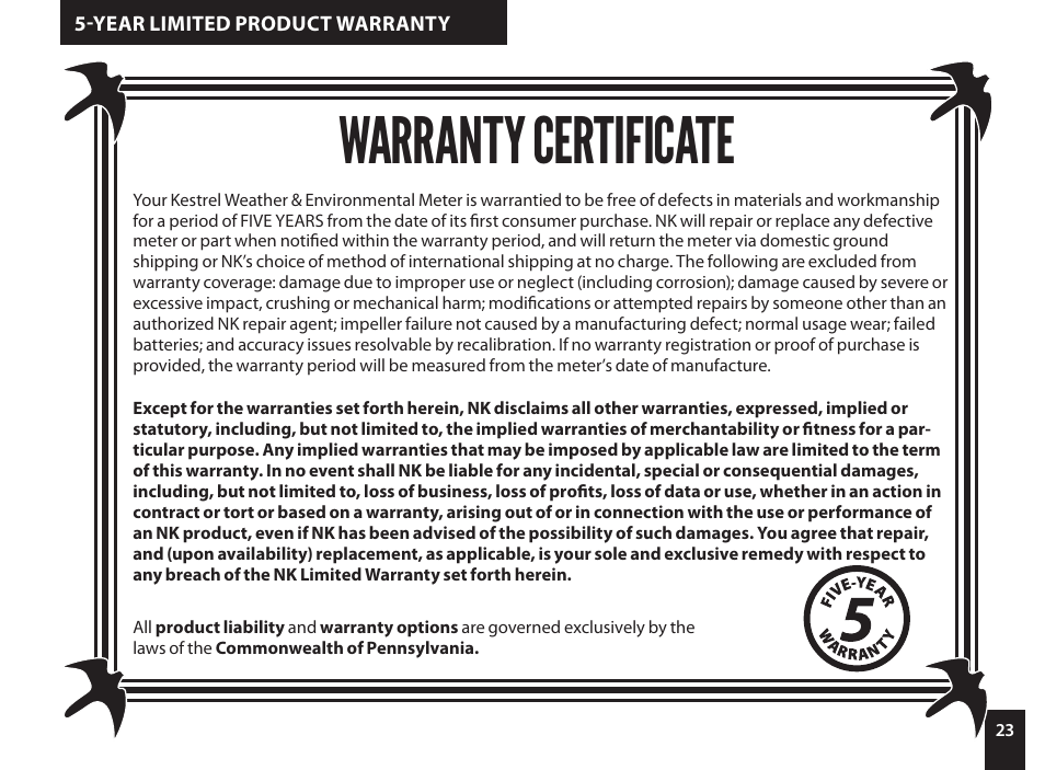 Warranty certificate | Kestrel 4000 User Manual | Page 23 / 24