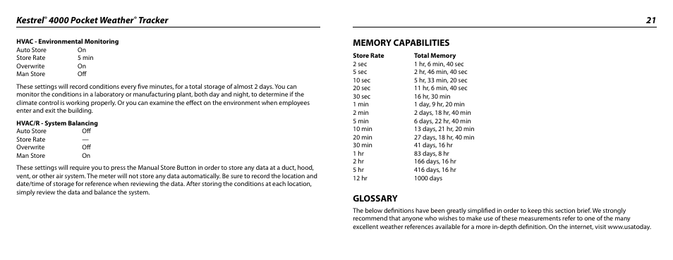 Kestrel, 4000 pocket weather, Tracker 21 | Glossary | Kestrel 4000 User Manual | Page 11 / 17