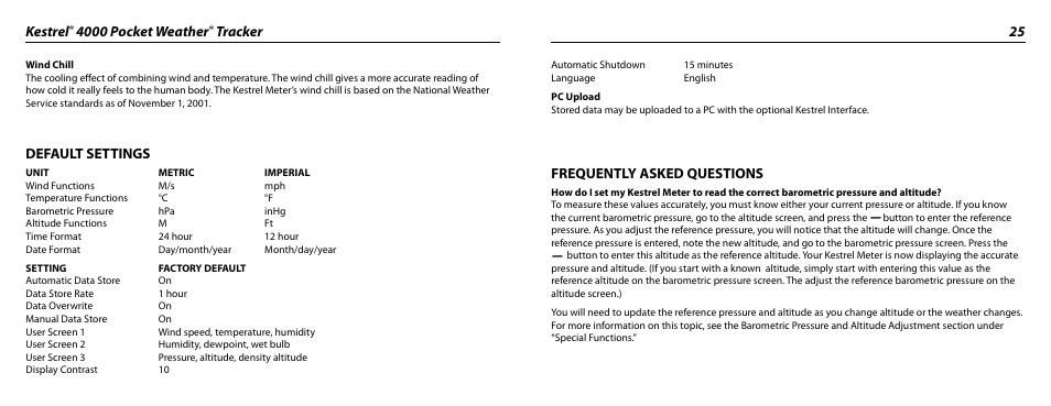 Kestrel, 4000 pocket weather, Tracker 25 | Default settings, Frequently asked questions | Kestrel 4000 User Manual | Page 13 / 17