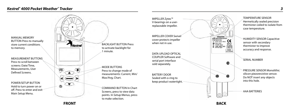 Kestrel, 4000 pocket weather, Tracker 3 | Front back | Kestrel 4000 User Manual | Page 2 / 17