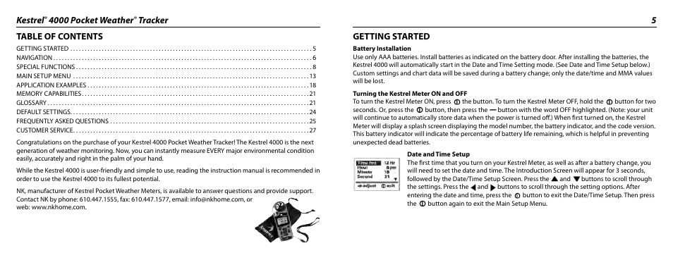 Kestrel, 4000 pocket weather, Tracker 5 table of contents | Getting started | Kestrel 4000 User Manual | Page 3 / 17