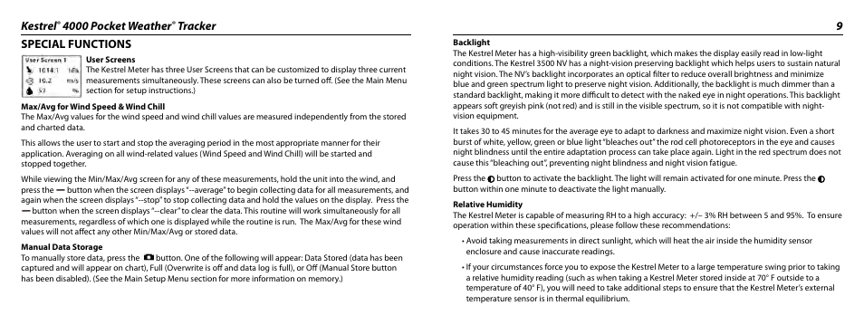 Kestrel, 4000 pocket weather, Tracker 9 special functions | Kestrel 4000 User Manual | Page 5 / 17