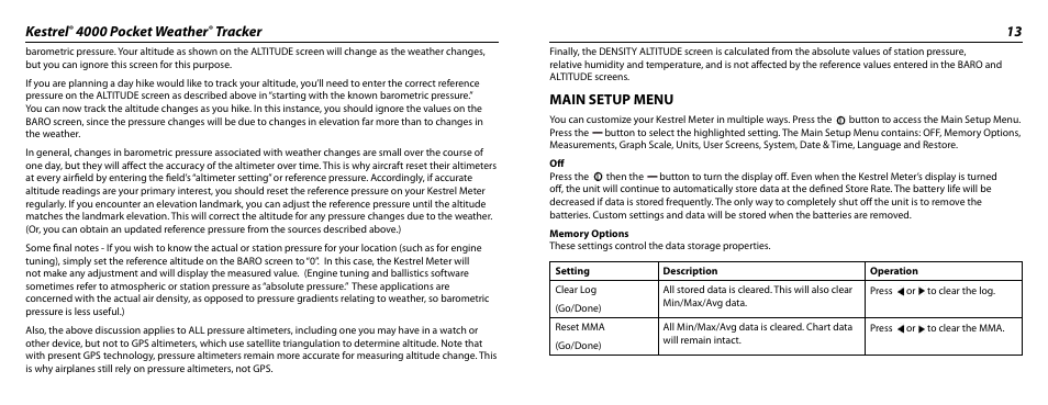 Kestrel, 4000 pocket weather, Tracker 13 | Main setup menu | Kestrel 4000 User Manual | Page 7 / 17
