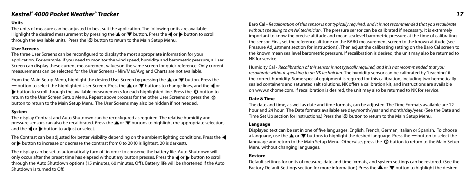 Kestrel, 4000 pocket weather, Tracker 17 | Kestrel 4000 User Manual | Page 9 / 17