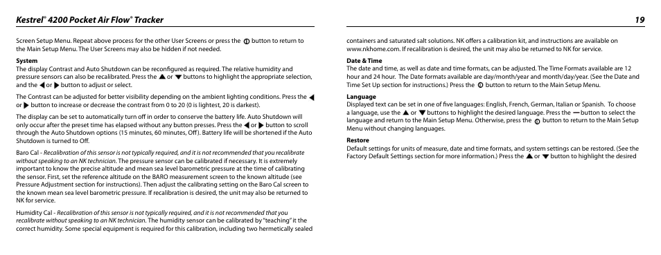 Kestrel, 4200 pocket air flow, Tracker 19 | Kestrel 4200 (HVAC) User Manual | Page 10 / 17