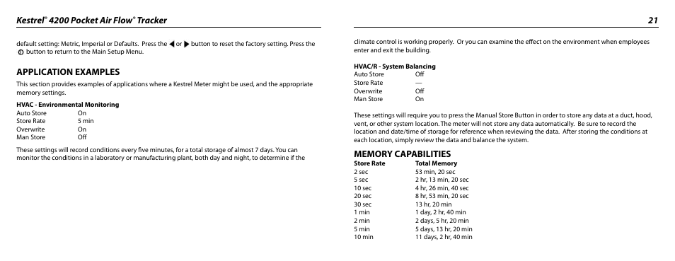 Kestrel, 4200 pocket air flow, Tracker 21 | Application examples | Kestrel 4200 (HVAC) User Manual | Page 11 / 17