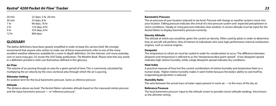 Kestrel, 4200 pocket air flow, Tracker 23 | Glossary | Kestrel 4200 (HVAC) User Manual | Page 12 / 17
