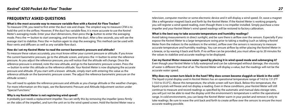 Kestrel, 4200 pocket air flow, Tracker 27 frequently asked questions | Kestrel 4200 (HVAC) User Manual | Page 14 / 17