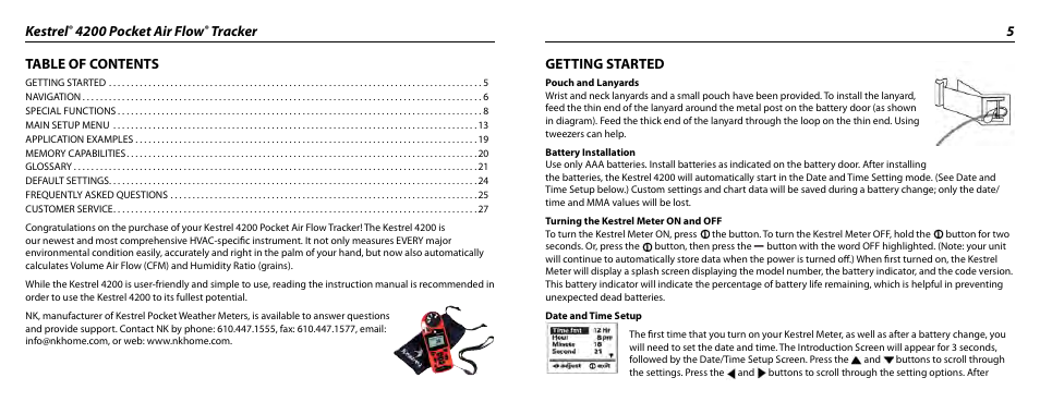 Kestrel, 4200 pocket air flow, Tracker 5 table of contents | Getting started | Kestrel 4200 (HVAC) User Manual | Page 3 / 17