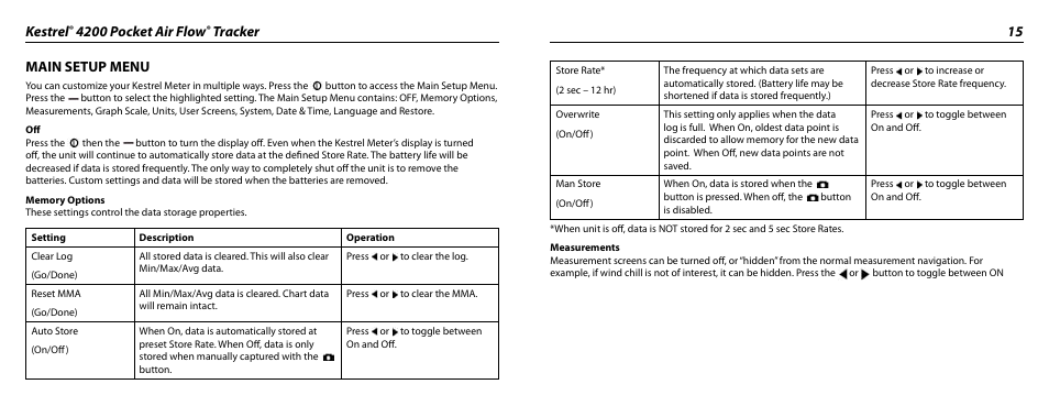 Kestrel, 4200 pocket air flow, Tracker 15 main setup menu | Kestrel 4200 (HVAC) User Manual | Page 8 / 17