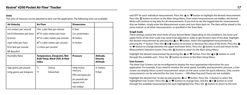 Kestrel, 4200 pocket air flow, Tracker 17 | Kestrel 4200 (HVAC) User Manual | Page 9 / 17