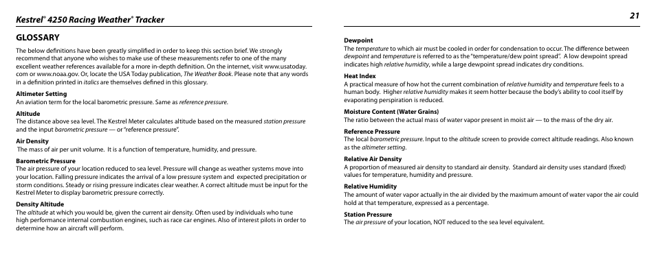 Kestrel, 4250 racing weather, Tracker 21 glossary | Kestrel 4250 (Racing) User Manual | Page 11 / 17