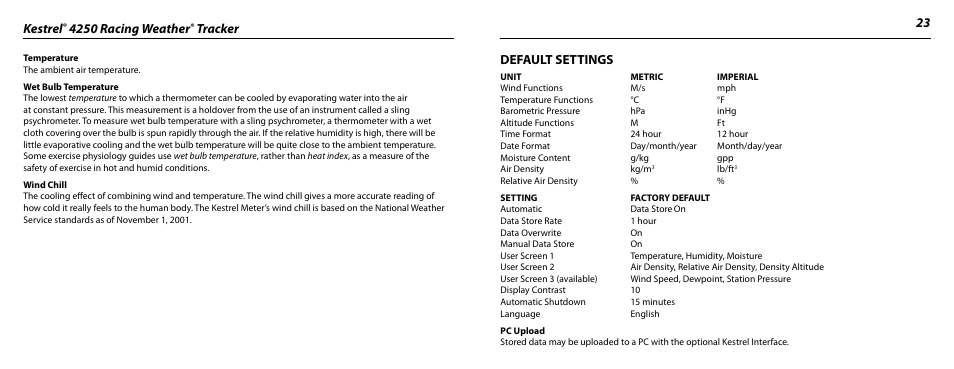 Kestrel, 4250 racing weather, Tracker 23 | Default settings | Kestrel 4250 (Racing) User Manual | Page 12 / 17