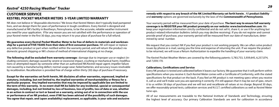 Kestrel, 4250 racing weather, Tracker 29 customer service | Kestrel 4250 (Racing) User Manual | Page 15 / 17