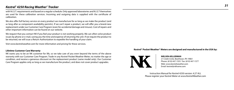 Kestrel, 4250 racing weather, Tracker 31 | Kestrel 4250 (Racing) User Manual | Page 16 / 17