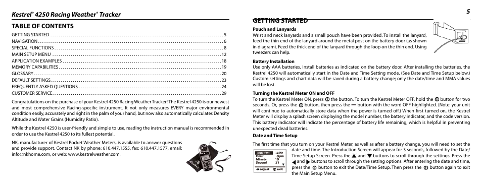 Kestrel, 4250 racing weather, Tracker 5 table of contents | Getting started | Kestrel 4250 (Racing) User Manual | Page 3 / 17