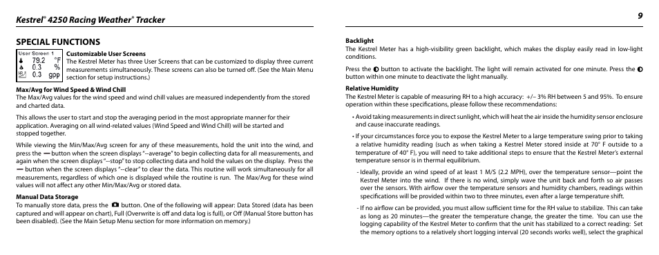 Kestrel, 4250 racing weather, Tracker 9 special functions | Kestrel 4250 (Racing) User Manual | Page 5 / 17