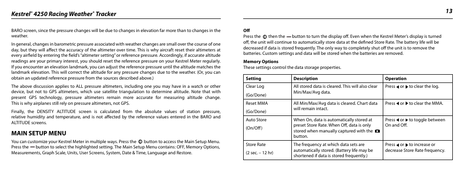Kestrel, 4250 racing weather, Tracker 13 | Main setup menu | Kestrel 4250 (Racing) User Manual | Page 7 / 17