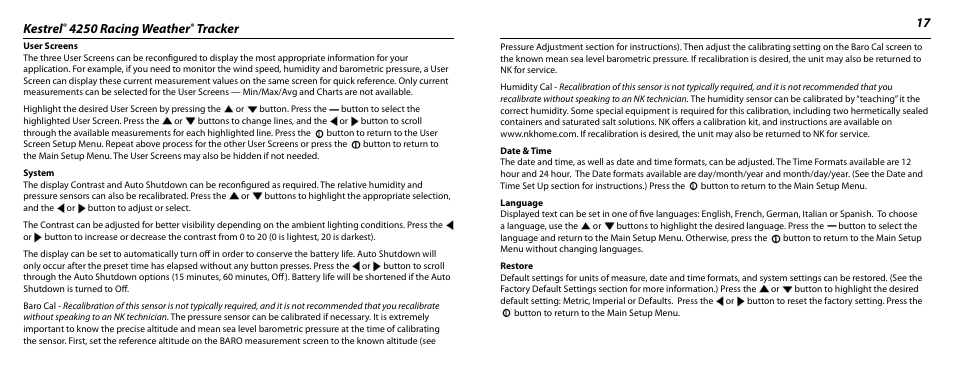 Kestrel, 4250 racing weather, Tracker 17 | Kestrel 4250 (Racing) User Manual | Page 9 / 17