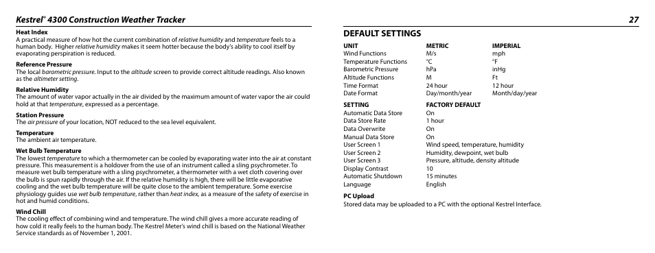 Kestrel, Default settings | Kestrel 4300 (Construction) User Manual | Page 14 / 19