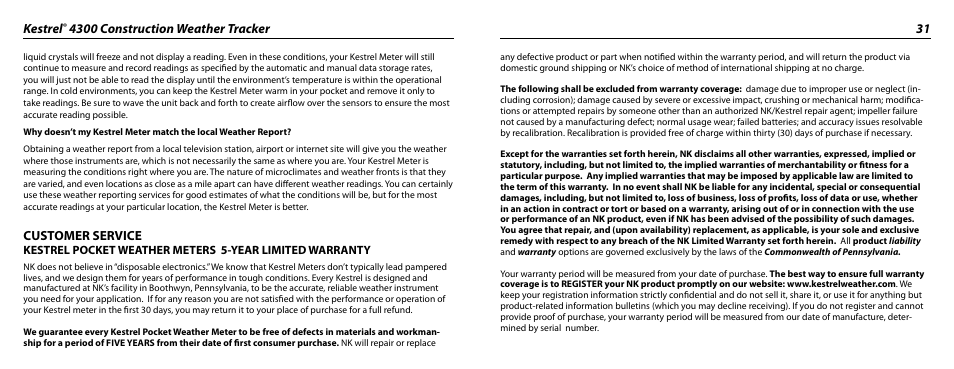 Kestrel, Customer service | Kestrel 4300 (Construction) User Manual | Page 16 / 19